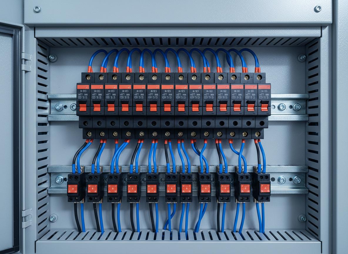 Industrial electrical panel with circuit breakers and organized wiring