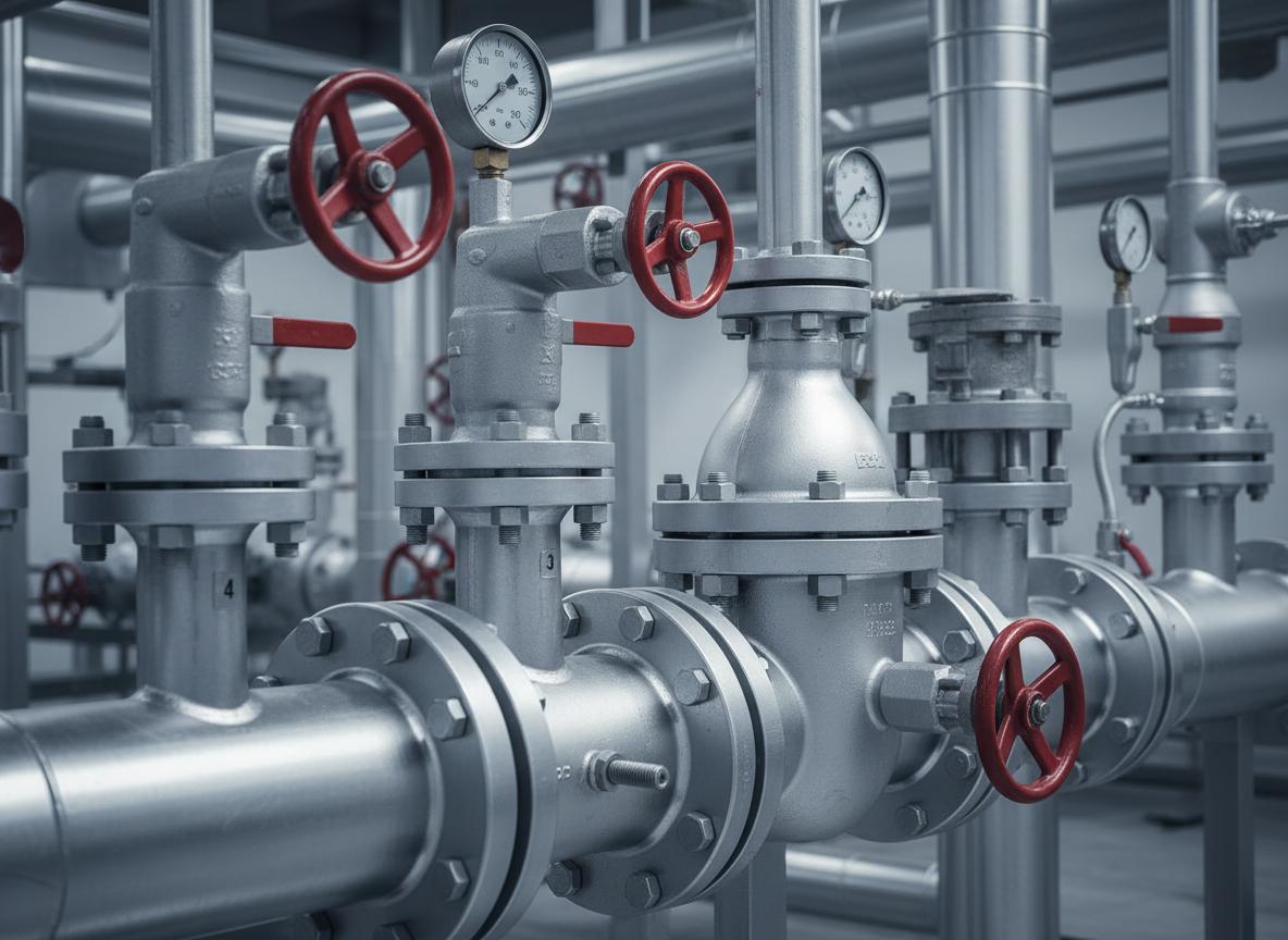 Industrial pipe system with valves, flanges and pressure gauges
